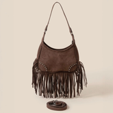 Vegan Suede Fringe Shoulder Bag - Brown